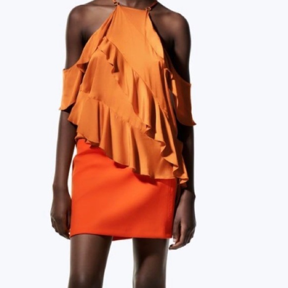 🍊🆕Zara Limited edition burnt orange exotic ruffle top S - Picture 5 of 5